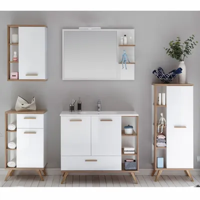 Produktbild von Badmöbel Komplettset MALANJE-66 in weiß glänzend & Riviera Eiche quer Nb., mit Spiegel und Waschbecken - B/H/T: 232x200x46cm