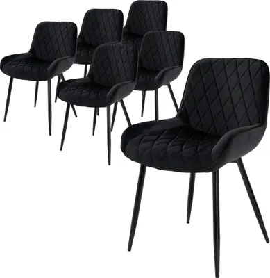 A set of six black velvet dining chairs with diamond tufting and black metal legs, arranged on a white background.
