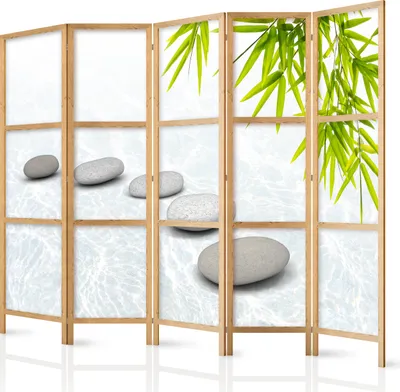 Produktbild von Paravent XXL SPA Steine Wasser 225x171 cm - 5-teilig - einseitig - eleganter Sichtschutz - Raumteiler - Trennwand - Raumtrenner - Holz - Design Motiv - Deko - Japan p-C-0016-z-c
