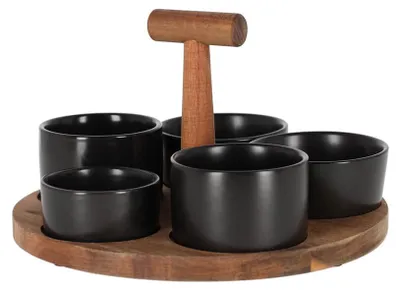 Immagine prodotto di JENS Living Bits & Bites Bo Groß Schwarz – Tagliere/vassoio da portata in legno di acacia con 5 ciotole in Vetroceramica a gradoni, ideale per snack e salse