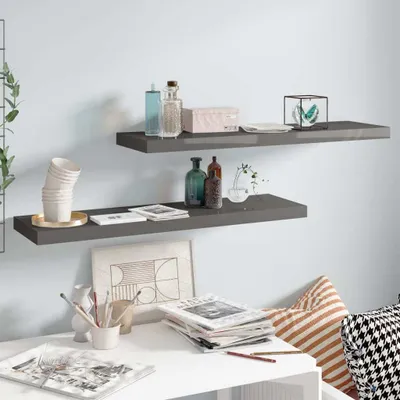 Produktbild von BEI CLORIS Schweberegale 2 Stk. Hochglanz-Grau 90x23,5x3,8 cm MDF - Wandregale Neu7221403 1parcel