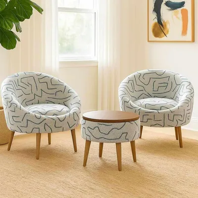 Produktbild von Hanah Home, Elegantes Wing Chair & Couchtisch Set (3 Teile) - Dunkelblau/Weiß