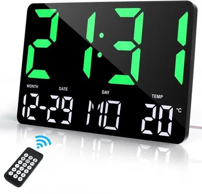 Obrázok produktu pre Digitálne nástenné hodiny 12" s veľkým LED displejom, digitálny budík s dátumom, teplotou a funkciou odloženia, diaľkové ovládanie, veľký zelený displej