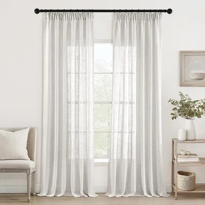 Zdjęcie produktu dla Półprzezroczyste zasłony lniane białe - Zestaw 2 z taśmą marszczącą 140x300cm