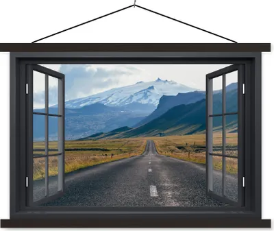 Produktbild von MuchoWow® Textilposter Aussicht - Berg - Straße 120x80 cm mit schwarzem Rahmen - Wanddeko