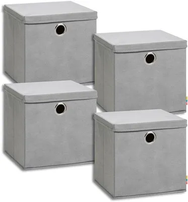 Zdjęcie produktu dla Zestaw 4 pojemników Ibzoa® o wymiarach 34×34×33 cm z pokrywą i dużymi, okrągłymi uchwytami, składane, wytrzymałe pudełka wykonane z kartonu i materiału włóknistego, idealne do półek i szaf