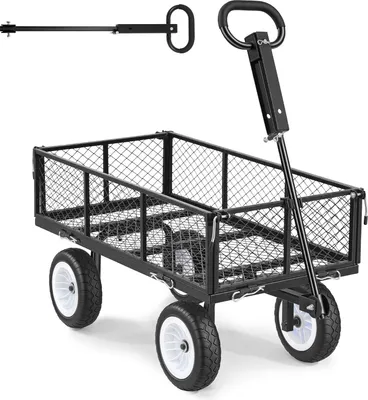 Image de Chariot robuste SucceBuy avec une capacité de charge de 408,2 kg, chariot de jardin avec pneus en PU, chariot de transport avec poignée réglable et parois latérales amovibles, chariot à main à fixer sur un quad ou un tracteur, noir