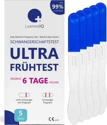 Produktbild von 5x LuxmedIQ Schwangerschaftstest Ultra Frühtest - 6 Tage früher Testen - über 99% Zuverlässig