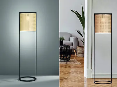 Produktbild von LED Stehlampe Schwarz Lampenschirm rund Rattan Optik - schöne Bodenleuchte innen