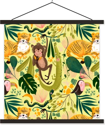 Produktbild von MuchoWow® Textilposter Dschungel - Affe - Krokodil - Gelb 120x120 cm mit schwarzem Rahmen - Aufhängungsset