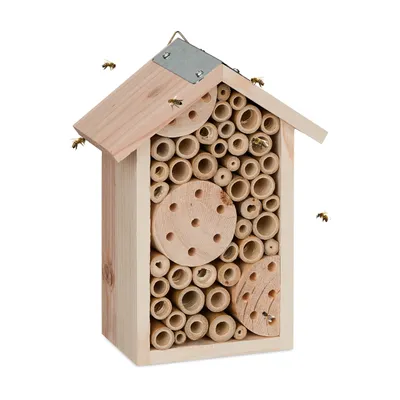 Produktbild von Relaxdays Bienenhotel, Holz, Insektenhotel Wildbienen, Garten & Balkon, zum Aufhängen, HxBxT: 21 x 15,5 x 9 cm, natur