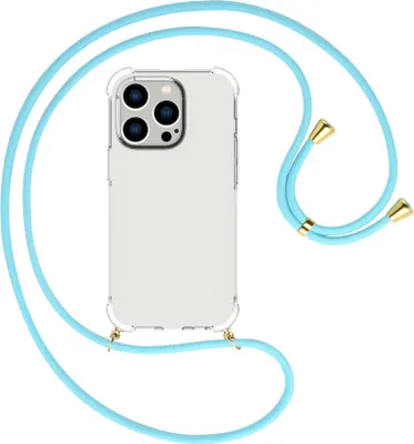 Produktbild von Handykette Backcover-Schutzhülle mit Band (Metall goldfarben) für Apple iPhone 15 Pro - himmelblau