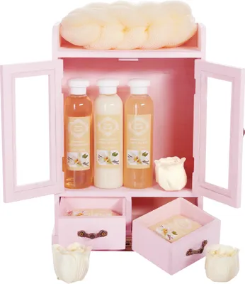 Productafbeelding van BRUBAKER Cosmetics: Bad- en verzorgingsset in een houten kast - Wellness badset voor dames - Geschenkset voor vrouwen met houten decoratie en vanillegeur