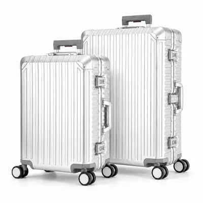 Obrázok produktu pre Travelhouse Tokyo – Súprava dvoch cestovných kufrov (malý a veľký) – 100% hliníková, pevná konštrukcia, strieborná farba