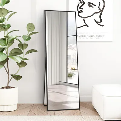Image de Miroir de pied, cadre métallique, 150x40 cm, miroir pleine longueur, noir, à poser ou à suspendre