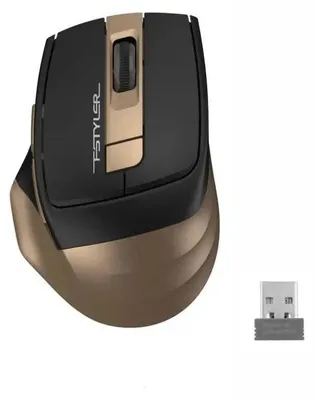 A product shot of a wireless computer mouse and its USB receiver, presented on a white background.
