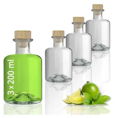 Produktbild von 3 Glasflaschen 200 ml leer zum selbst Befüllen mit Korken Apothekerflasche Essig Öl Flasche Schnapsflaschen Likörflaschen