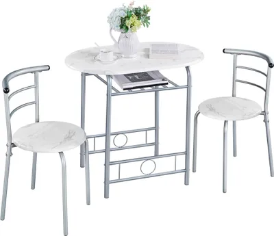 A white marble-patterned dining set with a round table and two chairs, set against a white background.
