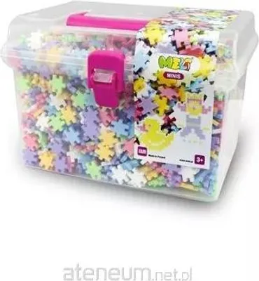 A clear plastic storage box filled with colorful building blocks.