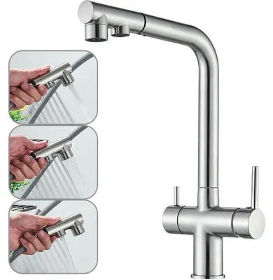Produktbild von Küchenarmatur mit Wasserfilter - 3-in-1 Spülbeckenmischer - Ausziehbare Brause - 2-Griff für Kalt- & Warmwasser - 360° schwenkbar - Einlochmontage - Gebürstetes Nickel