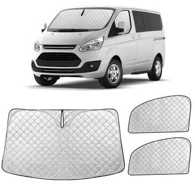 Zdjęcie produktu dla Zestaw 3 osłon przed słońce do przednich szyb samochodu Ford Transit Custom, mata termoizolacyjna, magnetyczna, ochrona przed promieniowaniem UV, składana