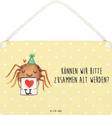 Produktbild von Mr. & Mrs. Panda Holzschild Spinne Agathe Brief DIN A4 - Gelb Pastell - Geschenk, Ich Liebe Dich, kleine aufmerksamkeit, holzbild, wandtafel, Heiratsantrag, Liebespaar