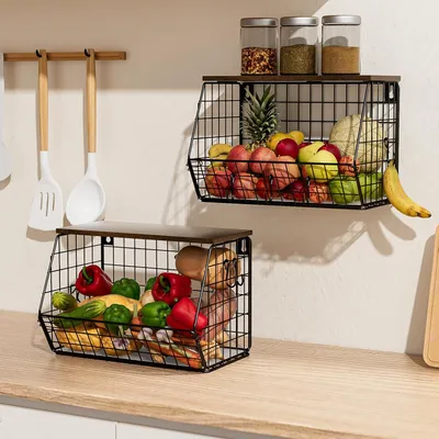 Produktbild von 2 Stück Obstkorb Hängend Wand Obstkorb aus Metall Obstkorb Wand Wandregal für Obst und Gemüse Stapelbar für Küche Speisekammer
