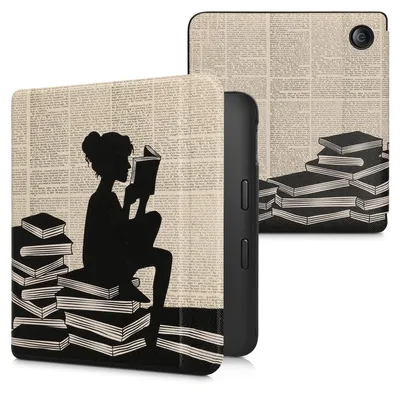 Produktbild von kwmobile Schutzhülle für Kobo Libra 2 Hülle - eReader Flip Case mit Auto Sleep Funktion - Lesende Frau mit Schwarz Beige