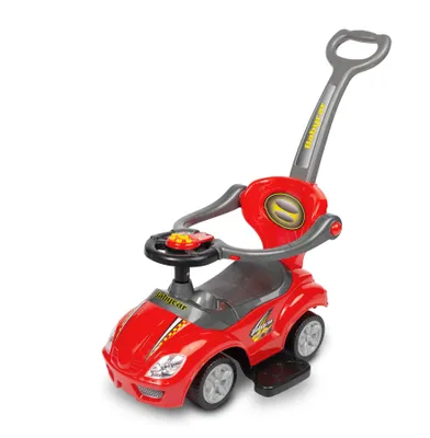 A red toy car with a push handle and steering wheel, isolated on a white background.