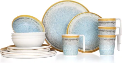 Produktbild von Moritz Camping Tafelgeschirr aus Melamin für 4 Personen 16-teilig | spülmaschinenfest | Picknick Geschirrset | Geschirr Campinggeschirr I Crystal Blue Design