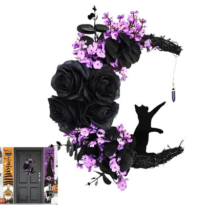 Produktbild von Türkranz, lila und schwarzer Rosenkatzenkranz, Halloweenkranz, LED-Katzenmondform, Geschenkornamente für Katzenliebhaber