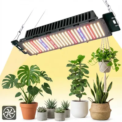 A grow light illuminating several potted plants.
