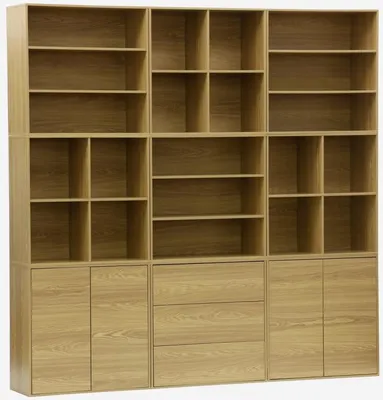 A modular shelving unit with multiple compartments and drawers, presented against a white background.