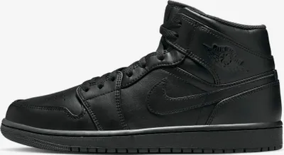 A side view of a black Nike Air Jordan 1 Mid sneaker against a white background.
