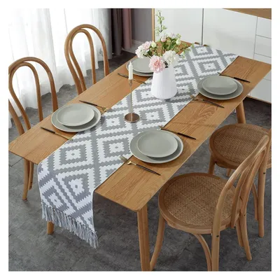 Productafbeelding van Solidchoice - Katoenen Linnen Tafelrunner met Geometrisch Patroon en Tassels, 32x220 cm
