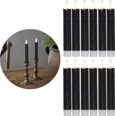 Produktbild von Stabkerzen LED mit Timer SCHWARZ 12 Stück indoor 6 Stunden ECHTWACHS 15cm Höhe für Kerzen 2,2cm Durchmesser 2 AAA Batterien notwendig LED Stabkerzen 4er Set SCHWARZ (drei Mal) bewegliche Flamme Licht