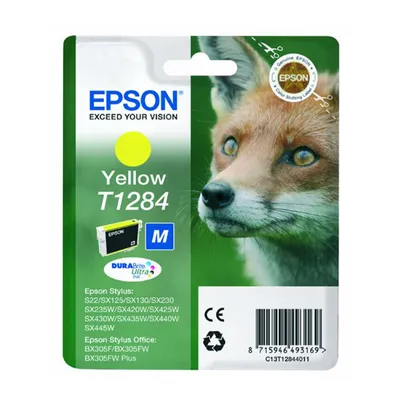 The image shows the packaging of an Epson T1284 yellow ink cartridge, with a close-up of a fox on the right side.
