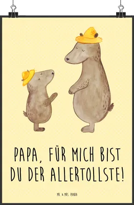 Produktbild von Mr. & Mrs. Panda Bild Bären mit Hut DIN A0 - Gelb Pastell - Geschenk, Papa, Vatertag, Bär, Muttertag, Wanddekoration, drucke, Familie, Family, Plakat, wanddeko