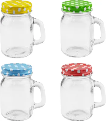 Produktbild von Trinkgläser mit Henkel und bunten Metalldeckeln - 120 ml, 5,5 x 7,5 x 8,5 cm (LxBxH), verschiedene Mengen wählbar, Stückzahl:12 Stück