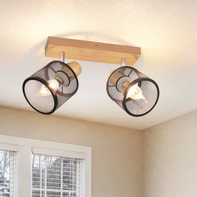 Obrázek produktu pro ZMH stropní reflektor 2 plameny dřevo E14 reflektor černý nástěnný reflektor kuchyňská lampa vintage stropní bod LED obývací pokoj ložnice předsíň bez žárovky