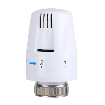 A white thermostat valve for a radiator, shown against a white background.