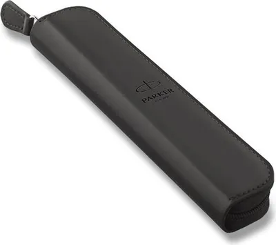 A black pen case with the Parker logo embossed on it, shown on a white background.