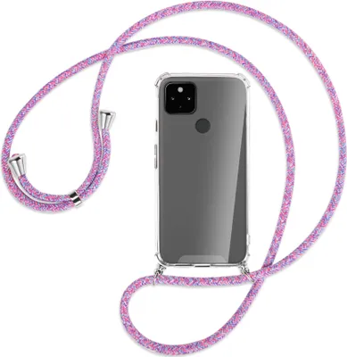 Produktbild von Handykette Backcover-Schutzhülle mit Band (Metall silberfarben) für Google Pixel 4a 5G - lila/rosa/blau