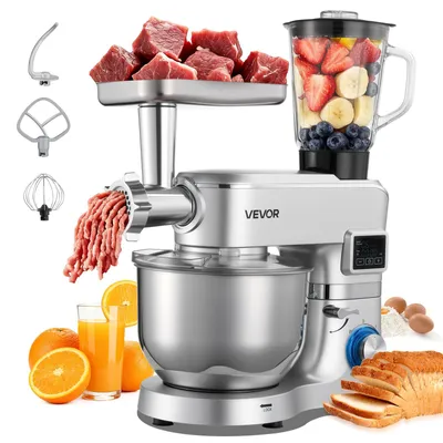 Image de Robot de cuisine multifonctionnel VEVOR électrique 1500 W avec bol en acier inoxydable (5,7 L) & bol de mixage (1,5 L), pétrin batteur à pâte avec 6+P vitesses & crochets pétrisseurs & fouets & fouets mélangeurs