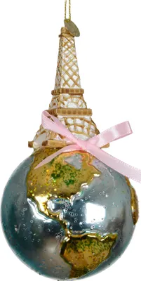 Produktbild von Christbaumschmuck Glas 15,5cm Globus mit Eiffelturm Figur Blau / Grün