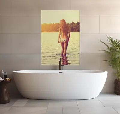 Produktbild von Wallario wasserfestes Poster selbstklebend 70 x 100 cm, Mädchen im See, Badezimmerposter Spritzschutz mit Hochglanzoberfläche in Glasoptik