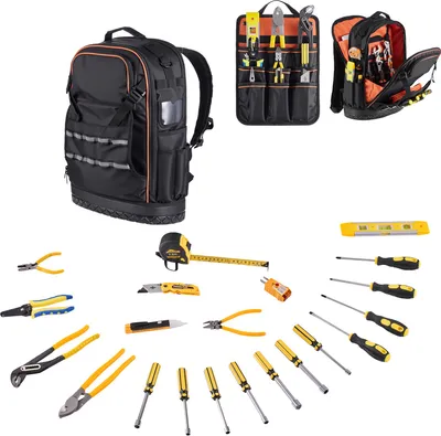 Immagine prodotto di SucceBuy zaino porta attrezzi con 65 tasche, incluso set di attrezzi da 21 pezzi, zaino con scomparto per laptop, ideale per elettricisti, tecnici e specialisti in tecnologia di riscaldamento, ventilazione e condizionamento dell'aria