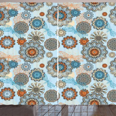 Produktbild von ARANDE Blumen Gardine, Abstrakte symmetrische Blumen und Libellen Saesonal einfacher Zeichnungs-Sommer, 280 x 175 cm, Blassblau Mehrfarbig