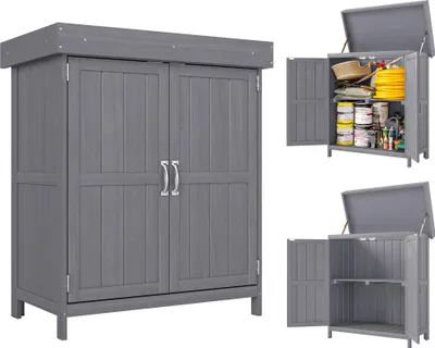 Produktbild von Outsunny Geräteschrank Geräteschuppen Holzschrank 2 Fächer Tannenholz Grau