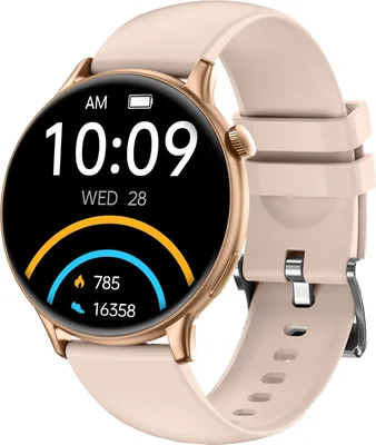A smartwatch with a rose gold case and a pink strap is shown against a white background. The watch face displays the time, date, and fitness metrics.
